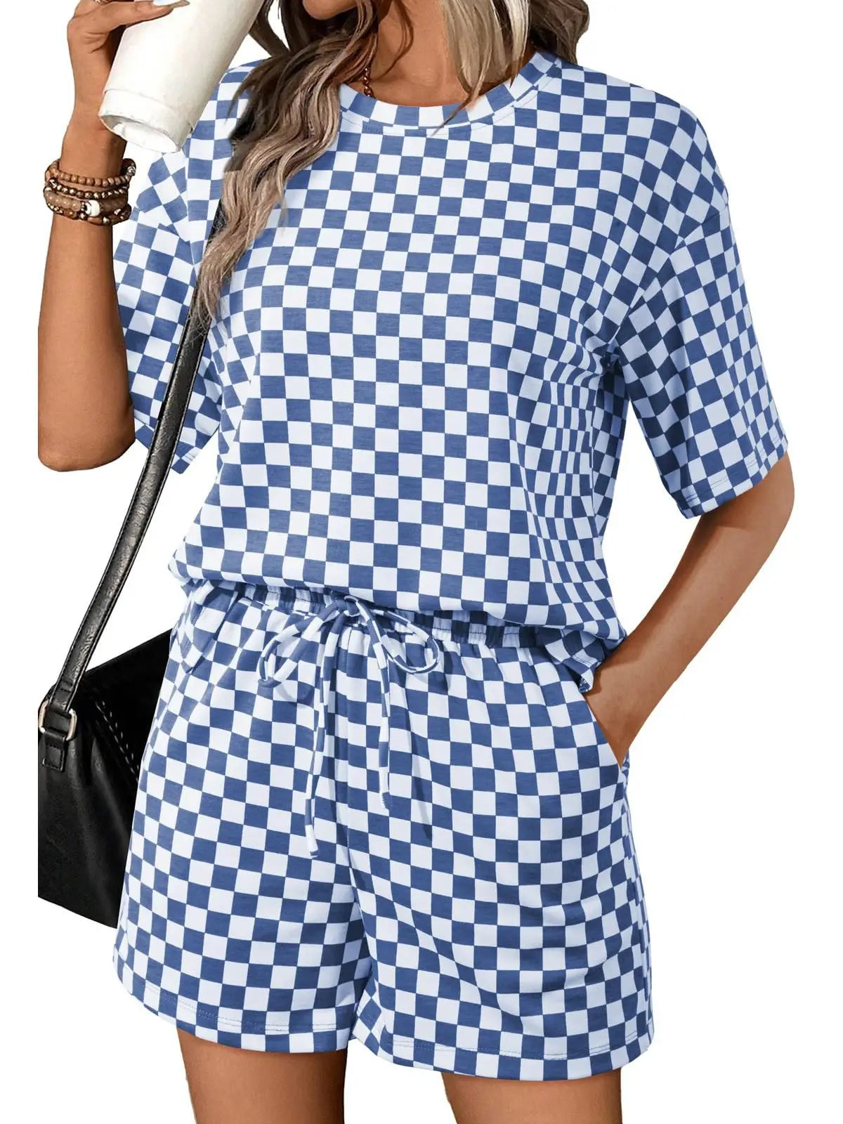 Royal Blue Checkerboard Tee and Drawstring Shorts Set