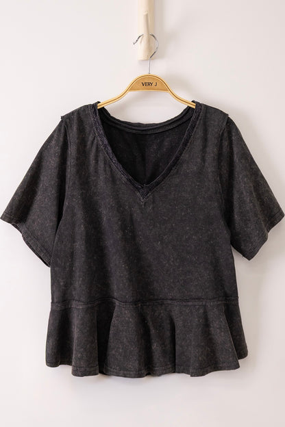 Lace Trim Detail Mineral Washed V-neck Knit Top