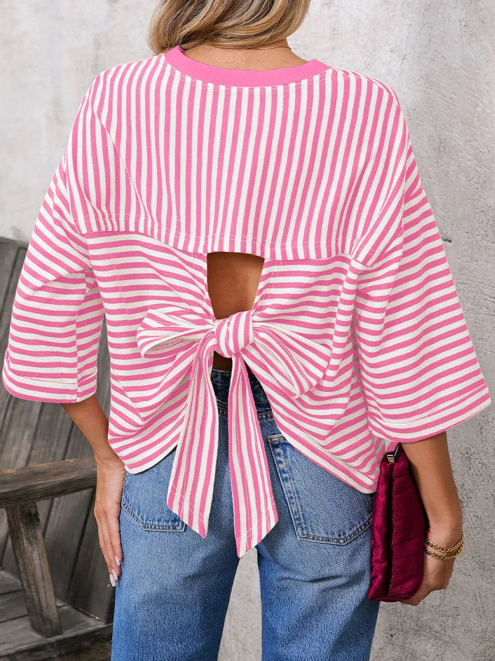 Pink Striped Knit Back Bow Tie Open Back Top