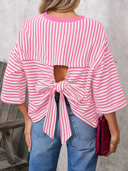 Pink Striped Knit Back Bow Tie Open Back Top