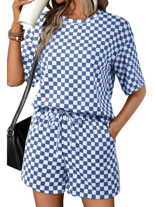 Royal Blue Checkerboard Tee and Drawstring Shorts Set