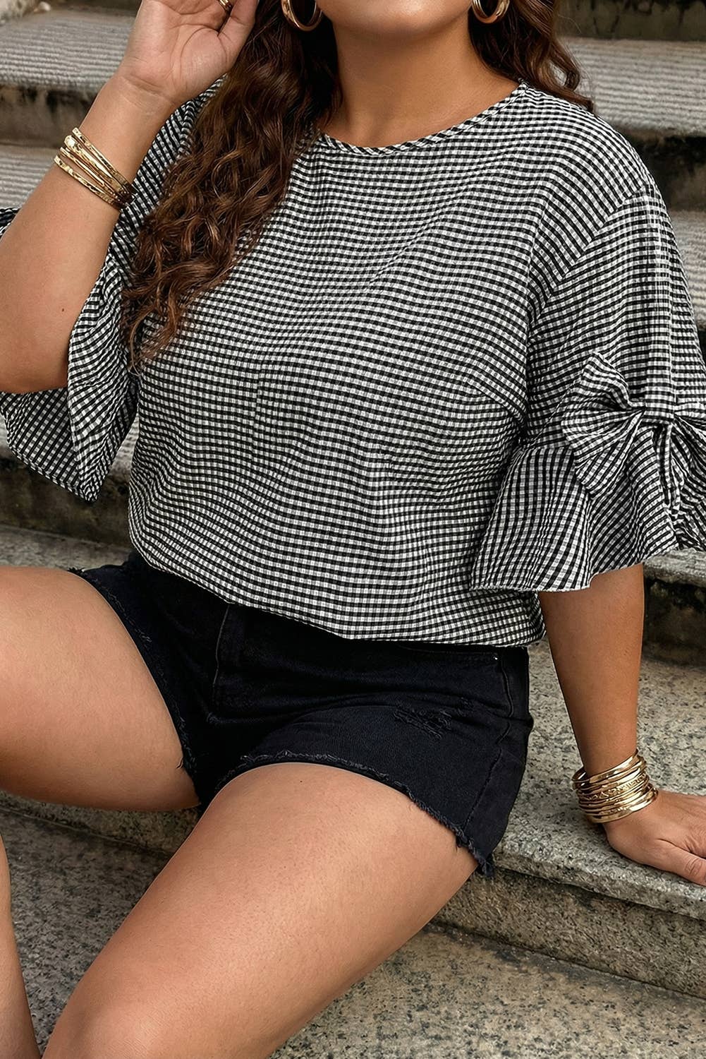 Plaid Bow Decor Bell Sleeve