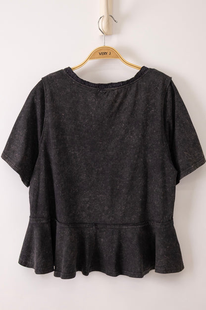 Lace Trim Detail Mineral Washed V-neck Knit Top